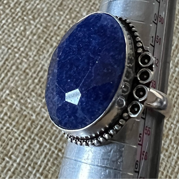 New Faceted Oval Blue Enhanced Sapphire Stone Silver Overlay Ring Size 7 - Picture 5 of 10